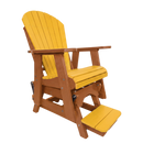 The Kanyon Living Poly Lumber Adirondack Glider Chair Tall in Yellow and Cedar Wood features a classic Adirondack design with a yellow slatted seat and back, brown armrests and legs, plus a matching yellow footrest—perfect for outdoor relaxation.