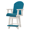 The Kanyon Living Poly Lumber Swivel Bar Height Chair in Aruba Blue & White features a tall Adirondack-style design, eco-friendly materials, a teal slatted seat and backrest, white armrests and legs, plus a teal footrest for lasting outdoor comfort.