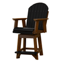 The Kanyon Living Poly Lumber Swivel Bar Height Chair in Black and Deluxe Antique Mahogany features a tall Adirondack-style design with a slatted black seat, backrest, footrest, brown armrests, and weather-resistant construction.