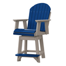 The Kanyon Living Poly Lumber Swivel Bar Height Chair by Kanyon Living features a blue slatted seat, back, and footrest with a light grey frame and armrests in classic Adirondack style, made from weather-resistant materials for lasting outdoor use.
