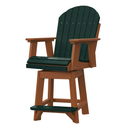 The Kanyon Living Poly Lumber Swivel Bar Height Chair features a dark green slatted back, seat, and footrest, with cedar wood armrests. This eco-friendly Adirondack-style chair from Kanyon Living is perfect for outdoor use.