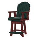 The Kanyon Living Poly Lumber Counter Height Swivel Chair in Dark Green and Cherry Wood features a swivel seat, arched slatted backrest, built-in footrest, and is made from recycled HDPE for stylish and durable outdoor bar seating.