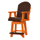 The Kanyon Living Poly Lumber Swivel Bar Height Chair features a dark wood slatted seat, backrest, and footrest with an orange frame. Weather-resistant and elevated, it’s ideal for patios or decks with wide armrests for comfort.