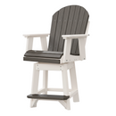 The Kanyon Living Poly Lumber Swivel Bar Height Chair Deluxe in Driftwood Grey and White features a dark gray slatted back and seat, white armrests and legs, matching footrest, classic design, sturdy weather-resistant build, and lasting comfort.