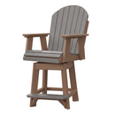 The Kanyon Living Poly Lumber Swivel Bar Height Chair in Light Grey and Weathered Wood is a weather-resistant Adirondack-style outdoor bar chair, perfect for patios or decks. Features a swivel seat, gray slats, and brown arms and legs.