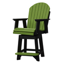 The Kanyon Living Poly Lumber Swivel Bar Height Chair in lime green and black features a slatted back, armrests, footrest, and eco-friendly poly lumber for durable outdoor use.