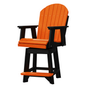 The Kanyon Living Poly Lumber Swivel Bar Height Chair in orange and black features a slatted seat and backrest, sturdy black legs, armrests, and an orange footrest. This weather-resistant chair is perfect for your patio or deck.