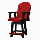 The Kanyon Living Poly Lumber Swivel Bar Height Chair in red and black features a tall Adirondack-style design, weather-resistant poly lumber, a swivel seat, and is ideal for patios or decks. Shown with a bright red seat/backrest and black frame.
