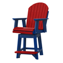 A high-back wooden chair with red slats and blue frame, featuring armrests, a footrest, and a sturdy design. The chair has a classic Adirondack style with bold contrasting colors.