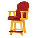 The Kanyon Living Poly Lumber Swivel Bar Height Chair in red and yellow features an Adirondack-style, weather-resistant design with a red slatted seat, backrest, and footrest, plus a yellow frame and armrests for outdoor comfort.
