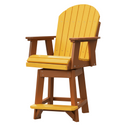 The Kanyon Living Poly Lumber Swivel Bar Height Chair features a yellow back, seat, and footrest with cedar-style brown armrests and legs. Weather-resistant for outdoor use, this Adirondack-style chair is shown against a white background.