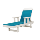 The Kanyon Living Poly Lumber Chaise Lounge with Arms in Aruba Blue & White features back-leg wheels and armrests, making it an eco-friendly, stylish choice for outdoor relaxation. Set against a plain white background.