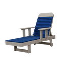 The Kanyon Living Poly Lumber Chaise Lounge with Arms in Blue and Light Grey features armrests and back wheels, offering stylish comfort and convenience—perfect for relaxing poolside or enhancing your outdoor patio.