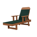 The Kanyon Living Poly Lumber Chaise Lounge with Arms in Dark Green and Cedar Wood features a green slatted seat and backrest, brown armrests and frame, plus rear wheels, making it ideal for outdoor relaxation. Set against a plain white background.