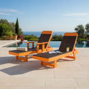 Two Kanyon Living Poly Lumber Chaise Lounges with Arms in Dark Wood and Orange sit poolside overlooking the sea, surrounded by greenery. One chair holds a rolled towel; the other has an open book and drink on its armrest.