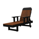 The Kanyon Living Poly Lumber Chaise Lounge with Arms Deluxe in Antique Mahogany and Black features a slatted wood look, black frame and armrests, two back wheels for easy movement, and eco-friendly design—perfect for outdoor relaxation.