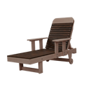 The Kanyon Living Poly Lumber Chaise Lounge with Arms Deluxe in Brazilian Walnut and Weathered Wood features an adjustable slatted backrest, rear wheels for easy movement, and a stylish two-tone design—ideal for eco-friendly outdoor relaxation.