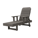 The Kanyon Living Poly Lumber Chaise Lounge with Arms Deluxe in Driftwood Grey features a slatted design, adjustable backrest, armrests, and wheels for easy movement. This eco-friendly outdoor furniture is perfect for relaxing against a white backdrop.