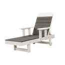 The Kanyon Living Poly Lumber Chaise Lounge with Arms Deluxe in Driftwood Grey and White offers eco-friendly outdoor comfort, featuring a white frame, grey slats, armrests, and back wheels for easy movement.