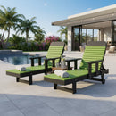 Two Kanyon Living Poly Lumber Chaise Lounges with Arms in lime green and black sit by a pool on a sunny patio, drinks on the table between them. A modern house, palm trees, and blue sky create the ideal outdoor relaxation spot.