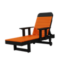 The Kanyon Living Poly Lumber Chaise Lounge with Arms in orange and black features a slatted design, adjustable backrest, armrests, and rear wheels—ideal for outdoor relaxation—displayed on a plain white background.