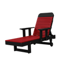 The Kanyon Living Poly Lumber Chaise Lounge with Arms in red and black features a slatted design, armrests, and rear wheels for easy mobility—ideal for outdoor settings. Shown on a plain white background.