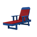 A red and blue wooden outdoor lounge chair with armrests, a reclining backrest, and two small wheels on the back legs, shown on a plain white background.