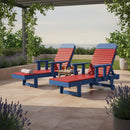 Two red and blue reclining lounge chairs with armrests sit on a tiled patio under a pergola, surrounded by potted plants. A small table between them holds drinks, snacks, and a rolled towel.