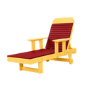 The Kanyon Living Poly Lumber Chaise Lounge with Arms in red and yellow features armrests, an adjustable backrest, and rear wheels. Shown against a white background, this eco-friendly outdoor furniture is from Kanyon Living.