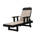 The Kanyon Living Poly Lumber Chaise Lounge with Arms in Seashell and Black features a sturdy black frame, light slats, armrests, adjustable backrest, and rear wheels—an elegant Kanyon Living outdoor piece set against a plain white background.