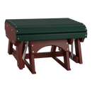 The Kanyon Living Poly Lumber Gliding Ottoman in Dark Green and Cherry Wood features an Amish-crafted, slatted green top, sturdy red-brown frame with metal hardware, and a gently curved upper surface.