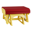 The Kanyon Living Poly Lumber Gliding Ottoman in red and yellow features a bright wooden frame, a flat slatted seat, sturdy metal fasteners, and angular supports, inspired by Amish patio furniture.