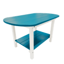 The Kanyon Living Poly Lumber Oval Coffee Table in Aruba Blue & White features a bright blue top and shelf, white legs, a modern design, and a lower shelf for extra storage.