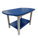 The Kanyon Living Poly Lumber Oval Coffee Table in Blue & Light Grey features a lower shelf, gray legs, and a modern design. With rounded corners, it's eco-friendly patio furniture by Kanyon Living, shown here on a white background.