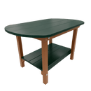 The Kanyon Living Poly Lumber Oval Coffee Table in dark green and cedar wood, crafted by Kanyon Living, features a dark green top and shelf with four cedar-colored legs, shown against a plain white background.