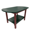 The Kanyon Living Poly Lumber Oval Coffee Table in dark green and cherry wood features Amish craftsmanship, a lower storage shelf, and is shown on a white background.