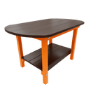 The Kanyon Living Poly Lumber Oval Coffee Table in Dark Wood & Orange features a dark brown top, lower shelf, and four bright orange legs—an eco-friendly outdoor furniture piece by Kanyon Living.