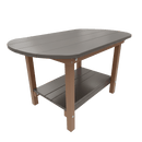 The Kanyon Living Poly Lumber Oval Coffee Table features a light grey top, weathered wood brown legs, and a lower shelf. This Amish handcrafted piece by Kanyon Living is displayed against a plain white background.