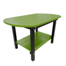 The Kanyon Living Poly Lumber Oval Coffee Table in lime green and black, by Kanyon Living, is pictured with an oval shape, black legs, and a lower green shelf. The smooth poly lumber top features visible panel lines.