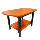 The Kanyon Living Poly Lumber Oval Coffee Table in orange and black features a slatted top, black legs, and a lower orange shelf—ideal for outdoor spaces.