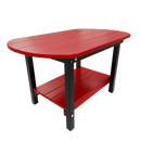 The Kanyon Living Poly Lumber Oval Coffee Table in red and black, featuring a sturdy design with a lower shelf and black legs, is shown on a white background.