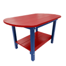 The Kanyon Living Poly Lumber Oval Coffee Table in red and blue features a red tabletop and lower shelf with blue legs and frame, shown against a plain white background.
