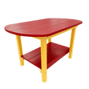 The Kanyon Living Poly Lumber Oval Coffee Table in red and yellow features a red top and shelf, yellow legs, eco-friendly materials, rounded edges, an open lower shelf, and is shown against a white background.