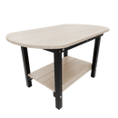 The Kanyon Living Poly Lumber Oval Coffee Table in Seashell & Black features black metal legs and a lower wooden shelf—an eco-friendly outdoor piece from Kanyon Living, shown against a white background.