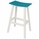 The Kanyon Living Poly Lumber Saddle Stool Bar Height in Aruba Blue & White features weather-resistant construction, stylish white legs, and a curved rectangular seat—perfect for outdoor patio or deck bar seating.
