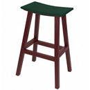 The Kanyon Living Poly Lumber Saddle Stool Bar Height in dark green and cherry wood features a curved, backless seat, weather-resistant poly lumber, and a footrest—ideal patio or deck furniture from Kanyon Living.