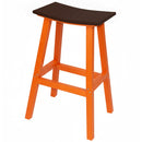 The Kanyon Living Poly Lumber Saddle Stool Bar Height in dark wood and orange features a weather-resistant, slightly curved rectangular seat and vibrant orange legs—ideal for your patio or deck. Shown against a white background.