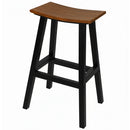 The Kanyon Living Poly Lumber Saddle Stool Bar Height Deluxe in Antique Mahogany and Black features a curved dark seat, black angled legs, footrest, and sturdy outdoor-ready design, set against a plain white background.