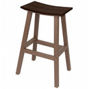 The Kanyon Living Poly Lumber Saddle Stool Bar Height Deluxe in Brazilian Walnut and Weathered Wood features a curved dark brown seat and light, angled legs with horizontal supports—ideal for stylish coastal outdoor seating on your patio or bar.