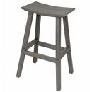 The Kanyon Living Poly Lumber Saddle Stool Bar Height Deluxe in Driftwood Grey features a curved seat, four angled legs with support bars—ideal as a stylish outdoor bar stool.